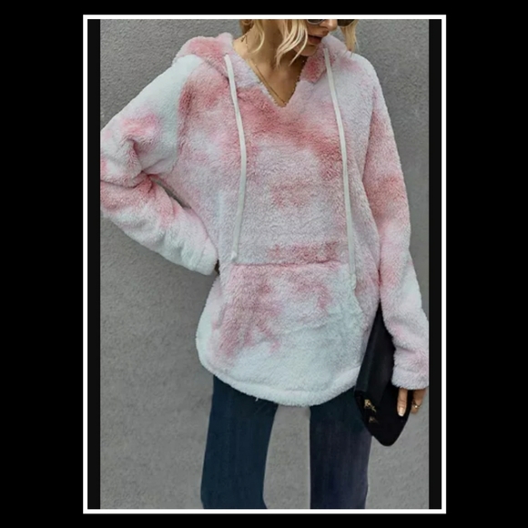 ‼️CLEARANCE PRICE FIRM‼️🎉💕Pink V-neck Tie-dye Plush Pullover Hoodie💕 - Picture 5 of 7